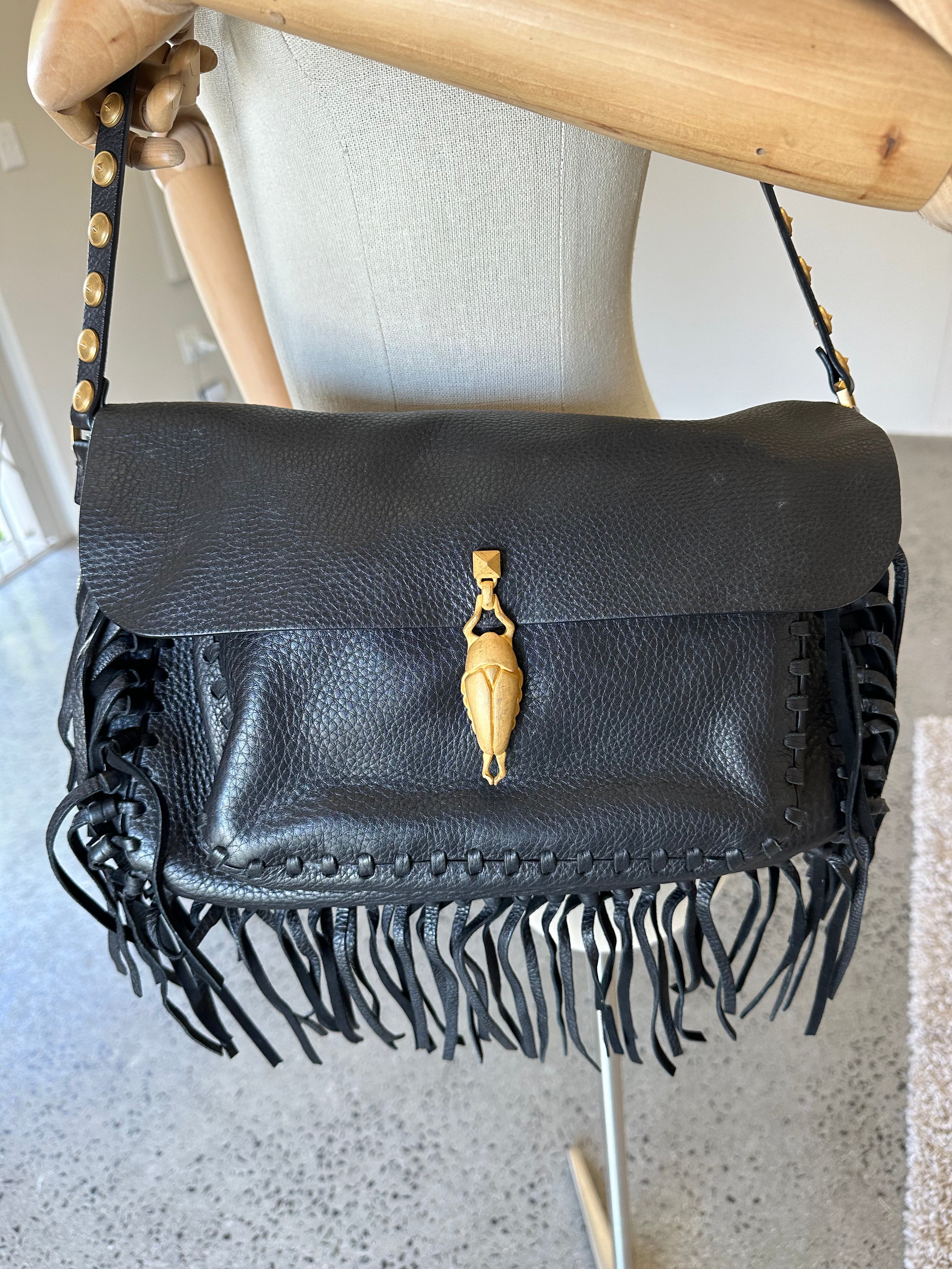 Valentino C-Rockee Scarab Fringe Shoulder Bag